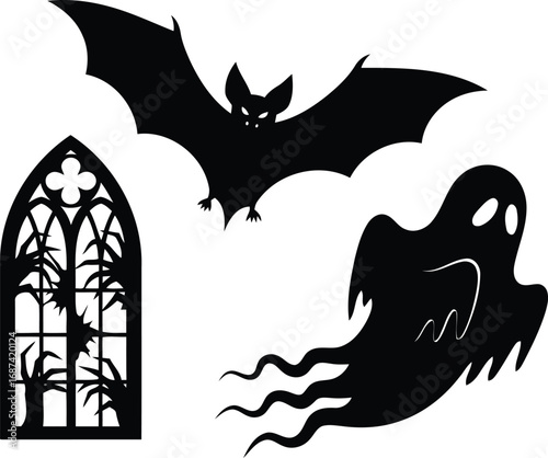 Spooky Halloween Silhouette Illustration with Bat Ghost and Haunted Window Displaying Eerie Theme and Seasonal Celebration with Isolated Black Shapes on White Background
