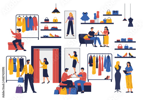 Fashionable shoppers enjoy browsing clothing displays and trying on outfits in a stylish retail boutique setting