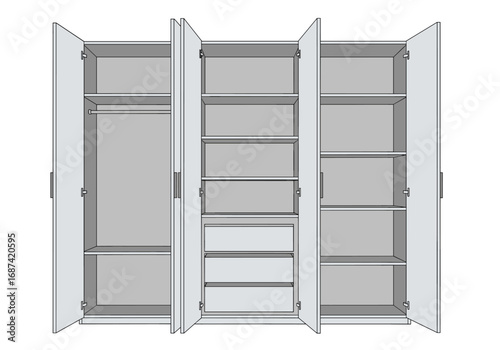 Spacious contemporary white triple wardrobe with hanging rail shelving and drawer storage units for bedroom organization