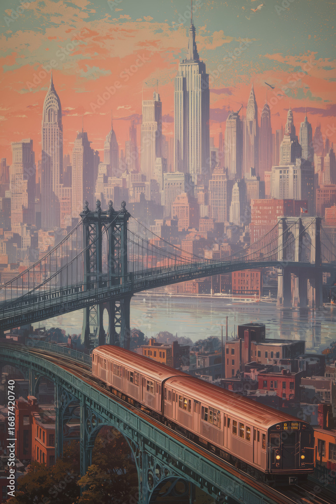 custom made wallpaper toronto digitalVintage French travel poster illustration style of New York City skyline with NYC iconic buildings, metro subway train on track, Brooklyn bridge, Hudson river and Manhattan in background