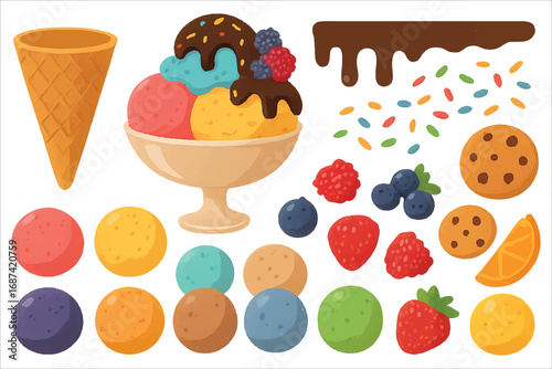 Ice cream collection vector icons set with sweet dessert and  food illustrations