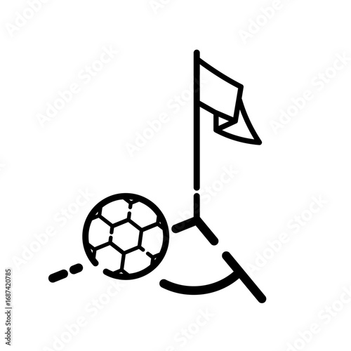 Corner kick with ball, corner flag - vector icon