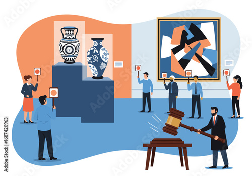 Art auction event displaying valuable vases and abstract painting with people participating and bidding using paddles