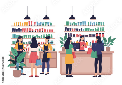 Cosmetics store interior with shoppers and staff on a white background
