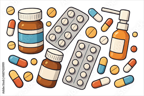 Seamless pattern of various pills and drugs on a background