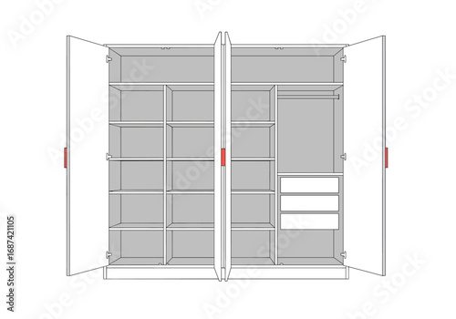 Spacious modern four door wardrobe with ample shelving and hanging storage solutions for bedroom organization