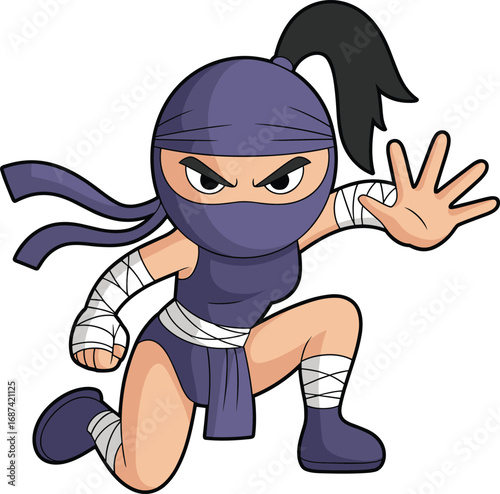 Cartoon ninja character, martial arts illustration, stealth fighter pose, vector warrior clipart, action hero, combat costume, anime style, stock image