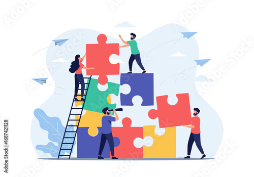 Teamwork and collaboration assembling a large puzzle together with diverse people working on a project