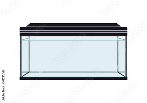 Empty glass aquarium tank with black frame and lid for freshwater or saltwater marine fishkeeping