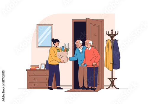 Volunteer delivering groceries to elderly couple at their home helping hands for seniors care support