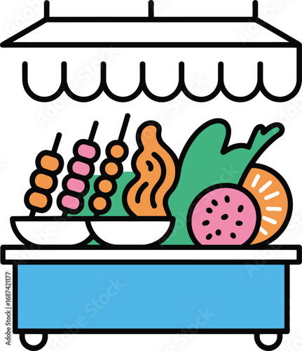 Vibrant Street Food Stall Illustration Delicious Kebabs  Fresh Produce