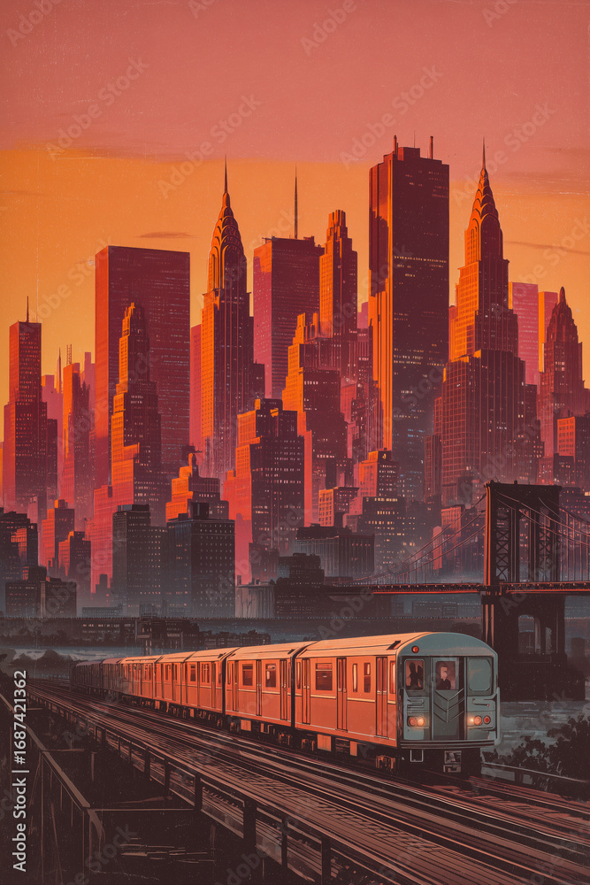 custom made wallpaper toronto digitalVintage French travel poster illustration style of New York City skyline with NYC iconic buildings, metro subway train on track, Brooklyn bridge, Hudson river and Manhattan in background