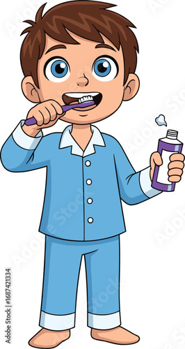 Child brushing teeth cartoon, dental hygiene routine illustration, morning care activity icon, toothpaste and toothbrush vector, healthy habit artwork, pediatric health graphic