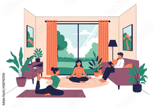 People practicing yoga meditation and relaxing at home in a peaceful living room environment