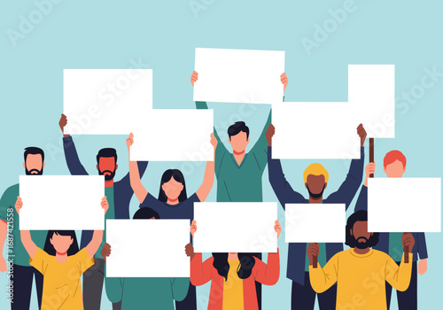 A diverse group of people holding blank signs participating in a protest or demonstration peacefully advocating for change