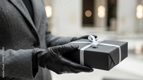 Elegant exchange: gloved hands presenting gift box in modern setting