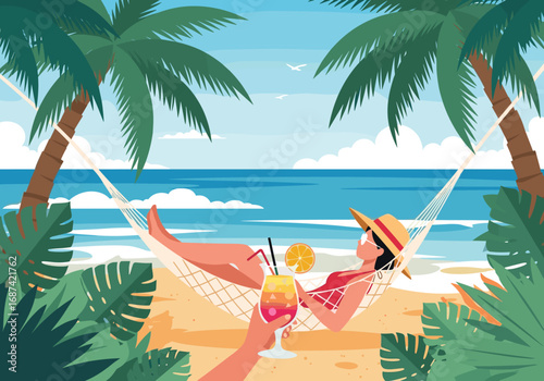 Relaxing vacation on a tropical beach hammock with refreshing drinks and ocean view