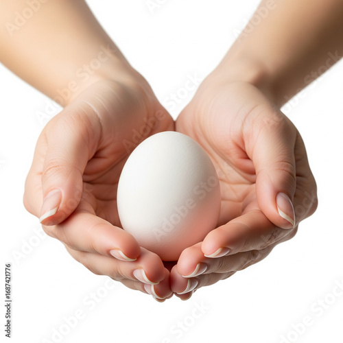 Hands holding a white egg,  isolated on a white background

