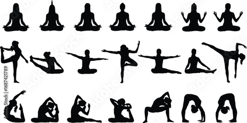 Silhouettes of diverse yoga poses, meditation postures, stretching exercises, flexibility training, calm mindfulness, wellness lifestyle, health fitness vector illustration.
