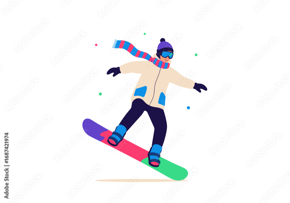 Fototapeta premium Excited young person dressed for winter sports enjoys snowboarding down a snowy slope during a fun outdoor adventure activity
