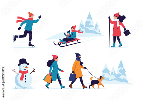 Illustrations of people enjoying winter activities outdoors in a snowy landscape with trees and a snowman scene