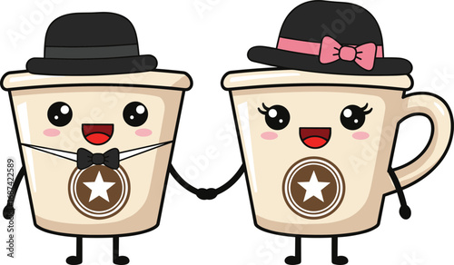 Coffee cup cartoon characters, cute beverage mascot set, friendship and love icons, smiling drink illustration, whimsical design vector, playful café artwork, couple theme