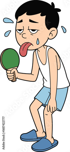 Cartoon tired boy, exhausted child illustration, ping pong player vector, sweating character clipart, sports fatigue, funny expression, children activity art