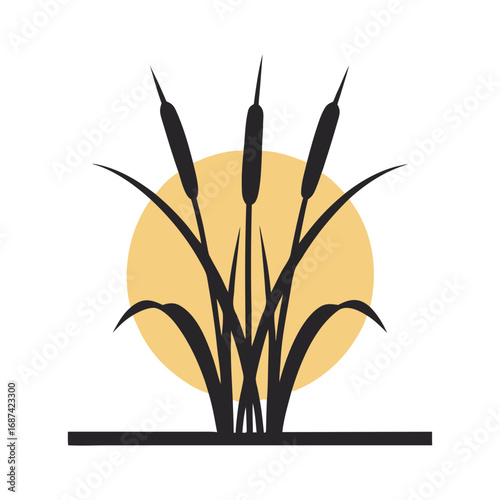 Black cattails and leaves silhouette against a yellow circle and white background reeds plant