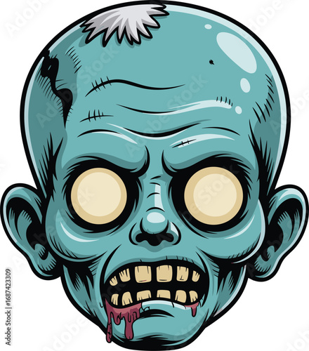 Cartoon zombie head vector illustration, scary undead character, horror design, Halloween artwork, creepy monster face, stylized decay, children content