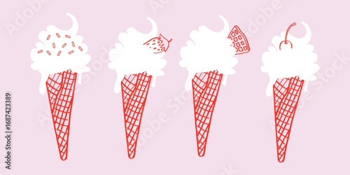Ice cream illustration, sticker set. Vanilla cone, Gelato, Italian Cold desserts. Vector doodle sketch clipart for AD, social media, branding, design template, print