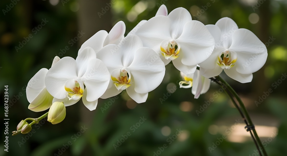 Obraz premium Beautiful White Orchid Flowers in Bloom with Green Background