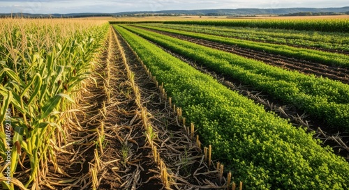 Medium shot of a sustainable farm field transitioning from corn to cover crops showcasing strategies to improve soil structure and moisture retention.