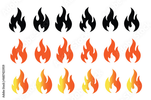 Fire icon collection. Fire flame vector icon set in black color. Flammable sign. Fire flame symbol. Flames icon sign symbol collections, vector illustration. Bonfire silhouette logotype. Flat style