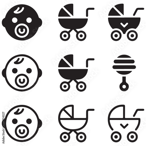 Baby Care Icons Set Baby Face Stroller and Rattle Keywords: baby, infant, child, face, head, pacifier, nipple, stroller, pram, carriage, buggy, transport, toy, rattle, musical, instrument, play
