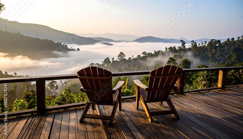 Tranquil mountain vista from a wooden deck. Two Adirondack chairs face a majestic sunrise over a valley filled with clouds and lush greenery