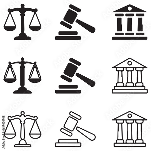 Collection of legal and justice icons including scales of justice, gavels, and courthouse buildings in solid and outline styles