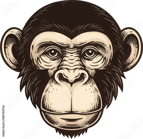 Detailed illustration of a chimpanzee's face, showcasing intricate details and expressive features.
