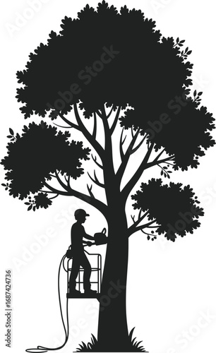 Tree worker silhouette, pruning branches, arborist on lift, safety gear, black and white, vector illustration, outdoor maintenance, tree care, landscaping, professional task