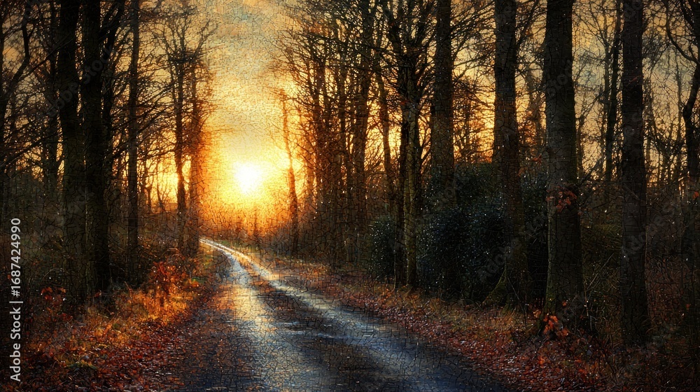 Fototapeta premium A road leads into a forest at sunset, with the sun shining through the trees, creating a warm, golden light.
