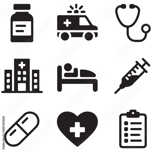 Collection of nine medical and healthcare icons featuring a pill bottle ambulance stethoscope hospital patient bed syringe heart and clipboard on a white background Keywords: medical icons