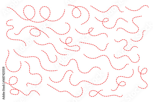Hand drawn dotted lines path isolated on white background. Path travel dotted line trip dashed trace destination track plan and silhouette, travelling symbol.