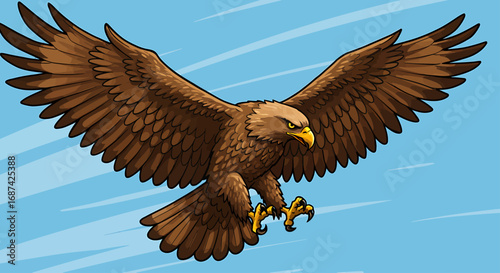 A majestic brown eagle soaring through a bright blue sky with outstretched wings, ready to hunt.