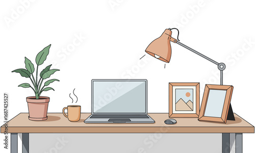 Laptop computer on a desk in an empty office room with a chair, monitor, keyboard, and mouse