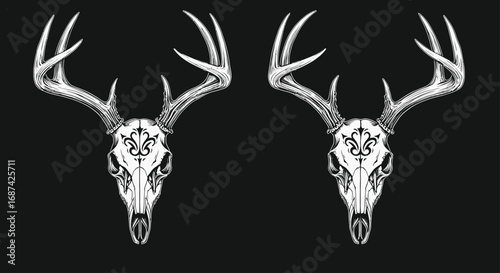 Two stylized deer skulls with ornate fleur-de-lis designs on a black background.