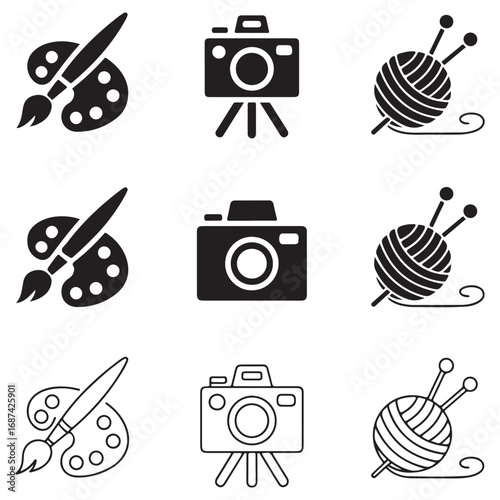 Set of icons representing art and craft hobbies including paint palette and brush camera and tripod and ball of yarn with knitting needles