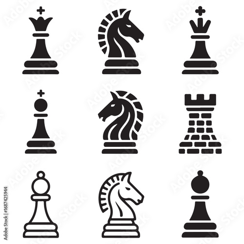 Set of Nine Black and White Chess Piece Icons on a White Background Keywords: chess, game, strategy, board game, king, queen, rook, bishop, knight, pawn, silhouette, icon, symbol, black and white