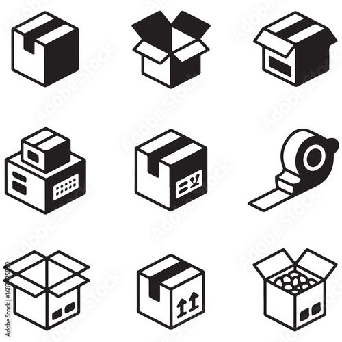 Set of nine black and white isometric icons representing various cardboard boxes and a tape dispenser Keywords: box, package, parcel, shipping, delivery, logistics, storage, open, closed, stacked