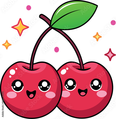 Vector vector art of cute cartoon cherries with happy faces and sparkling stars, transparent background