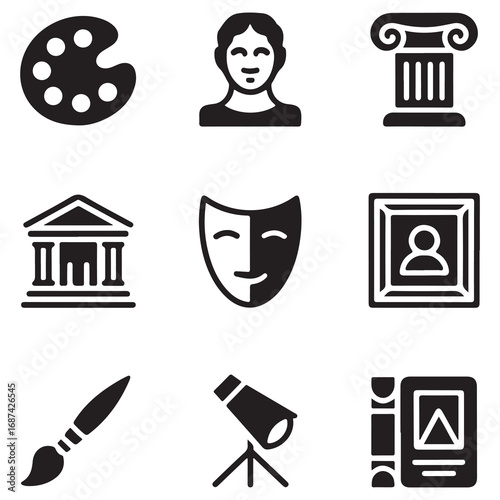 Artistic and Cultural Icons Including Paint Palette Portrait Person Column Museum Mask Painting Brush Telescope and Book Keywords: paint palette artist art supplies portrait person profile