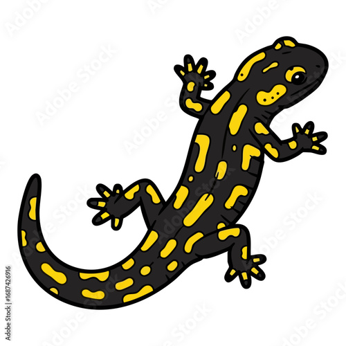 Cartoon yellow and black spotted fire salamander on white background